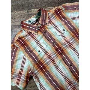 The North Face Mens Sz‎ M Orange Green Plaid Short Sleeve Button Down Camp Shirt